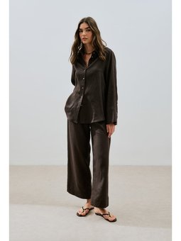 Keten Geniş Manşetli Acı Kahve Gömlek