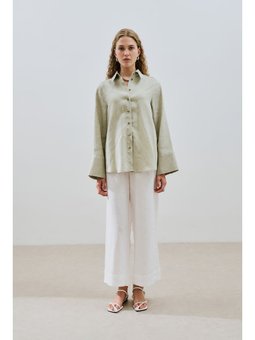 Keten Geniş Manşetli Yeşil Gömlek