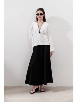 Keten Geniş Parçalı Siyah Etek