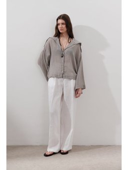 Keten Karışımlı Geniş Yakalı Gömlek Natural