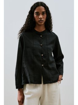 Keten Önden Düğmeli Siyah Gömlek