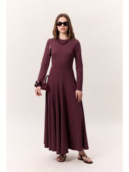 Kuplu Uzun Kollu Bordo Elbise