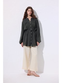 Müslin İşlemeli Koyu Yeşil Gömlek