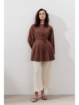 Nervürlü Geniş Kollu Tunik Sıcak Kahve
