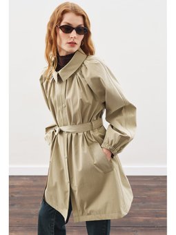 Oversıze Bağlamalı Midi Haki Trençkot