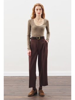 Pile Detaylı Düz Kesim Acı Kahve Pantolon