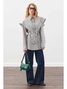 Üçgen Fularlı Oversıze Ekose Mavi Gömlek