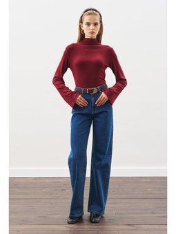 Uzun Hafif Geniş Paça Jean Koyu Mavi Pantolon