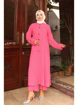 Yaka Detaylı Uzun Fuşya Takım