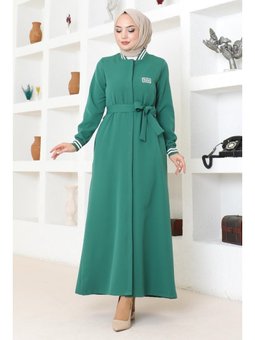 Gizli Düğmeli Ribanalı Ferace Zümrüt Yeşili