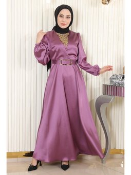 Taş Detaylı Saten Abiye Elbise Gül Kurusu