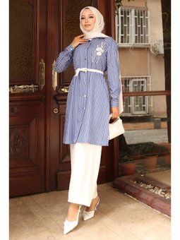 Çizgili Nakış Detaylı Mavi Takım