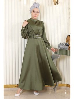 Drapeli Saten Abiye Elbise Haki