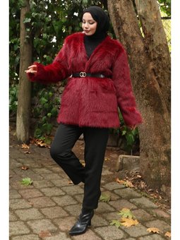 Kemerli Kürklü Bordo Ceket