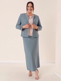 İthal Krep Astarlı Boncuk İşlemeli Üçlü Büyük Beden By Saygı Takım Turkuaz