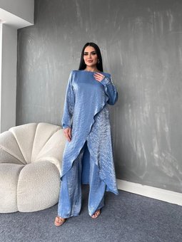 Kadın Li O Yaka Tunikli Pantolonlu Mavi Takım