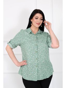 Pamuk Viskon Çiçek Desen Büyük Beden Haki Gömlek