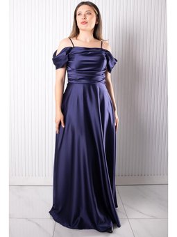 Askılı Saten Lacivert Abiye Elbise