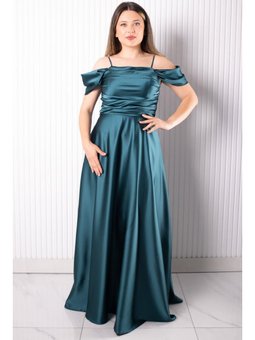 Askılı Saten Petrol Abiye Elbise