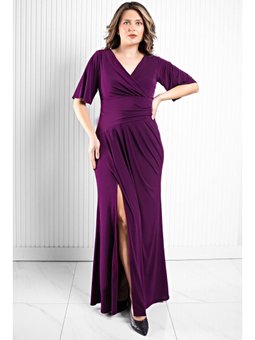 Dökümlü Sandy Mürdüm Abiye Elbise