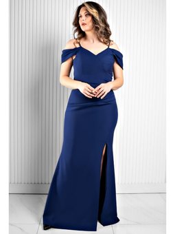 Krep Kumaş Askılı Lacivert Abiye Elbise