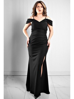 Krep Kumaş Askılı Siyah Abiye Elbise