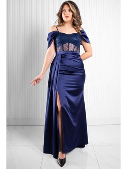 Pul Payet Detaylı Saten Abiye Elbise Lacivert