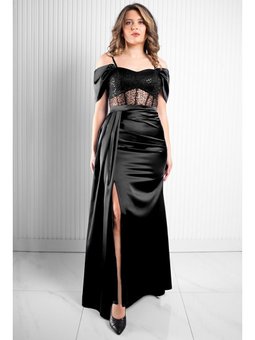 Pul Payet Detaylı Saten Abiye Elbise Siyah