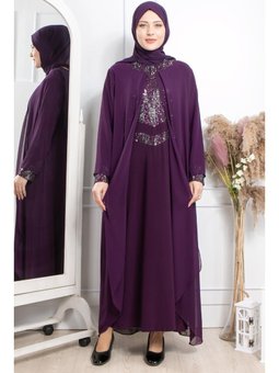 Pul Payet İşlemeli Abiye Elbise Mürdüm