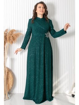 Simli Taş Baskı Detaylı Abiye Elbise Yeşil