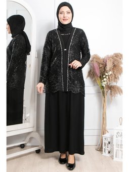 Taş İşleme Detay Abiye Elbise Siyah