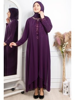 Taş İşleme Detaylı Payetli Abiye Elbise Mürdüm