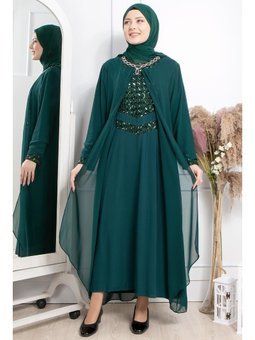 Taş İşleme Detaylı Payetli Abiye Elbise Yeşili Zümrüt