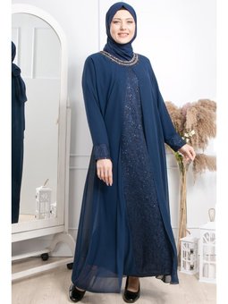 Taş İşlemeli Şifon Abiye Elbise Lacivert