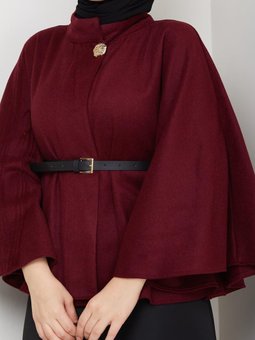 Kaşe Sarı Dügmeli Deri Kemerli Panço