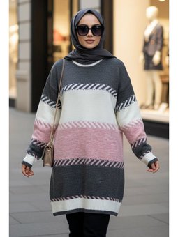 Blok Renk Pembe Triko Kazak 8804p