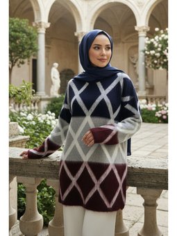 Blok Renkli Lacivert Triko Kazak Tunik 87381l