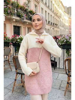 Blok Renkli Pudra Triko Kazak Tunik 87501pd