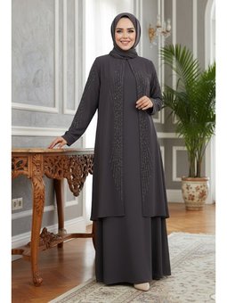 Boncuk İşlemeli Füme Abaya 29132fu