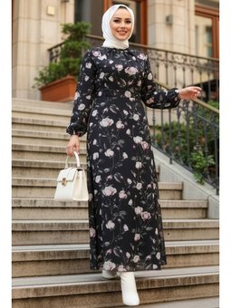 Çiçek Desenli Siyah Elbise 279921s