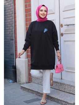 Desen Detaylı Siyah Tunik 10653s