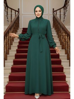 Düğme Detaylı Zümrüt Yeşili Elbise 2703zy