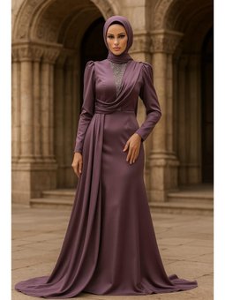 Kuyruklu Gül Kurusu Saten Abiye Elbise 22891gk