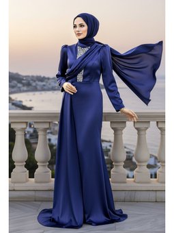 Kuyruklu Lacivert Saten Abiye Elbise 22891l