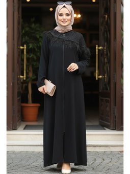Tüy Detaylı Siyah Ferace 10103s