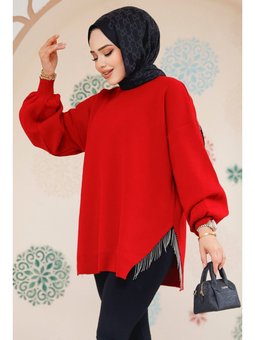 Zincir Detaylı Kırmızı Kazak Tunik 17202k