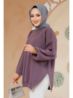 Zincir Detaylı Koyu Lila Kazak Tunik 17202klıla