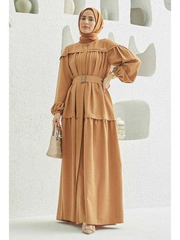 Carla Büzgülü Kuşaklı Elbise Camel