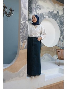 Denim Klasik Etek Petrol