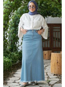 Denim Püsküllü Etek Açık Mavi